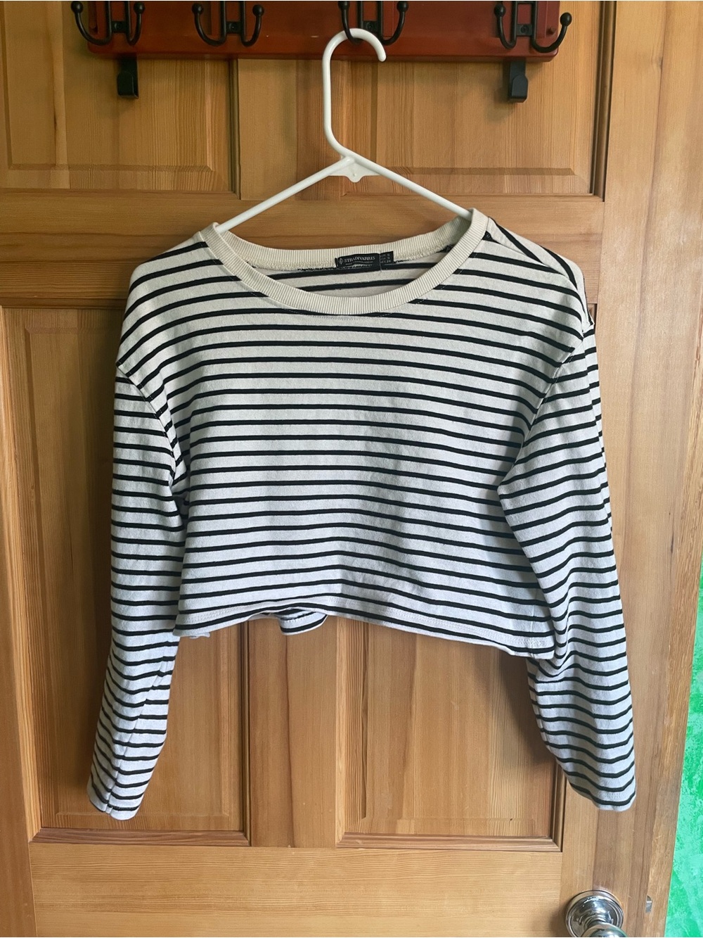 stradivarius Black & White Cropped Striped Long-Sleeve Tee, Sz S, 100% Cotton